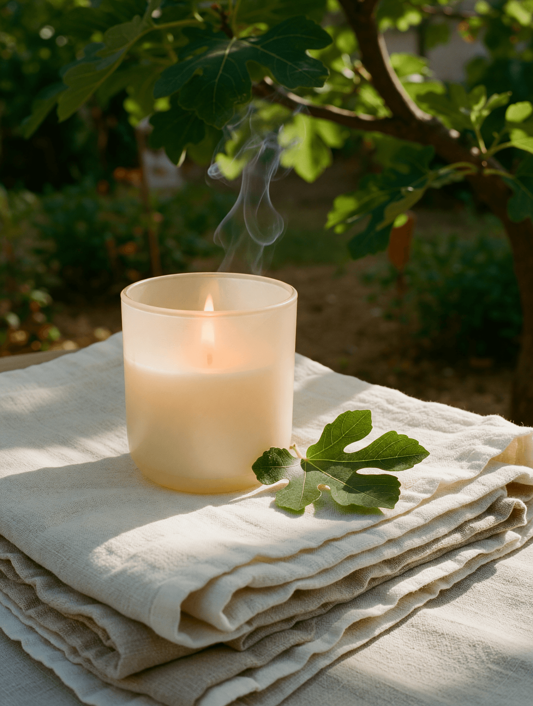 Fig & Linen — a lit candle in ivory glass on linen sheets in a garden.