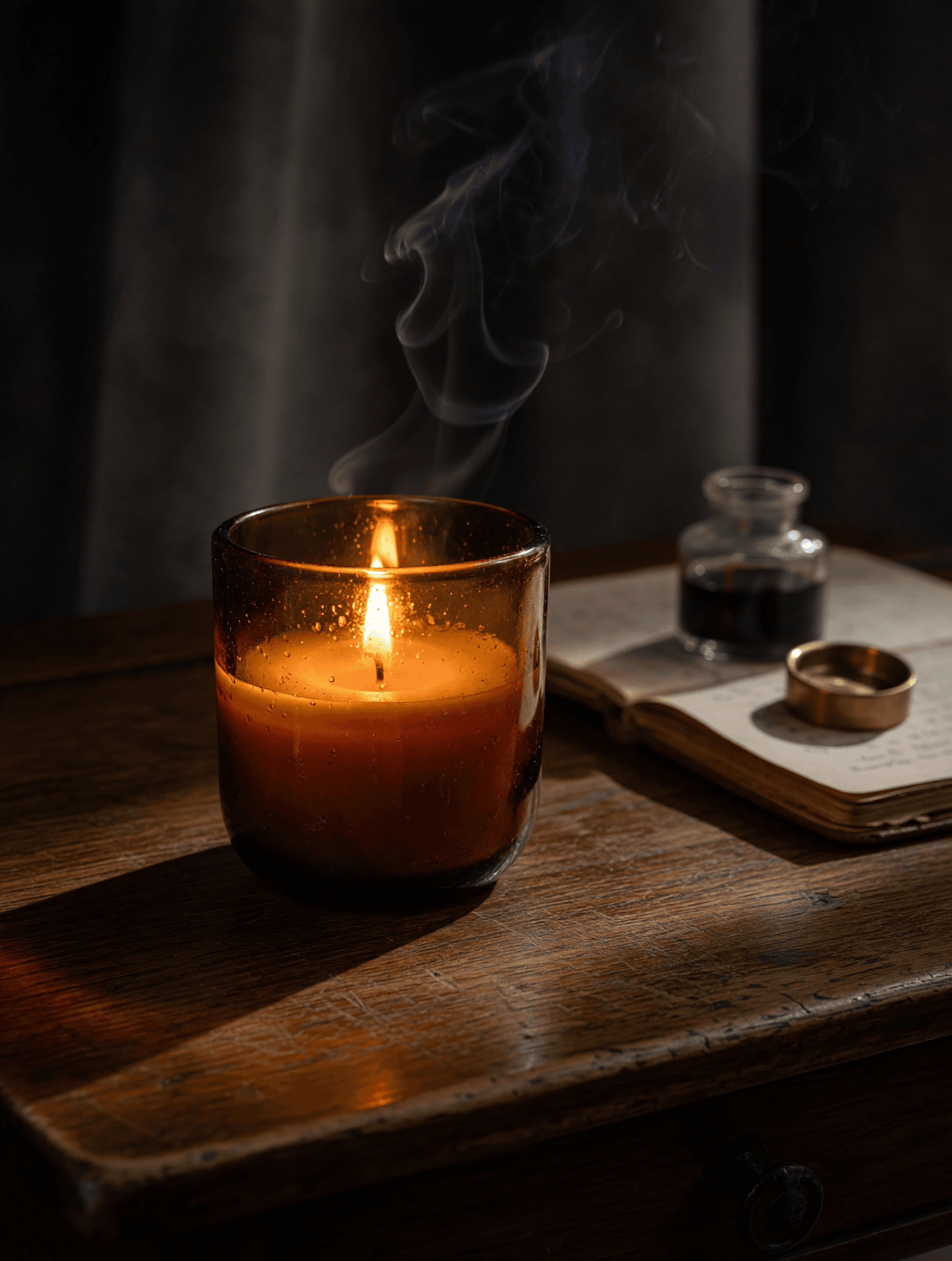 Vesper — a lit amber candle on a worn oak writing desk at dusk.